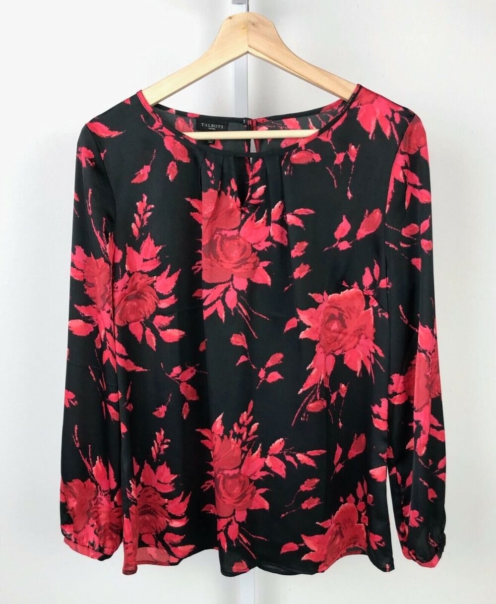 TALBOTS Petite M PM Floral Satin Blouse Long Sleeve Top Keyhole Neck Black Red